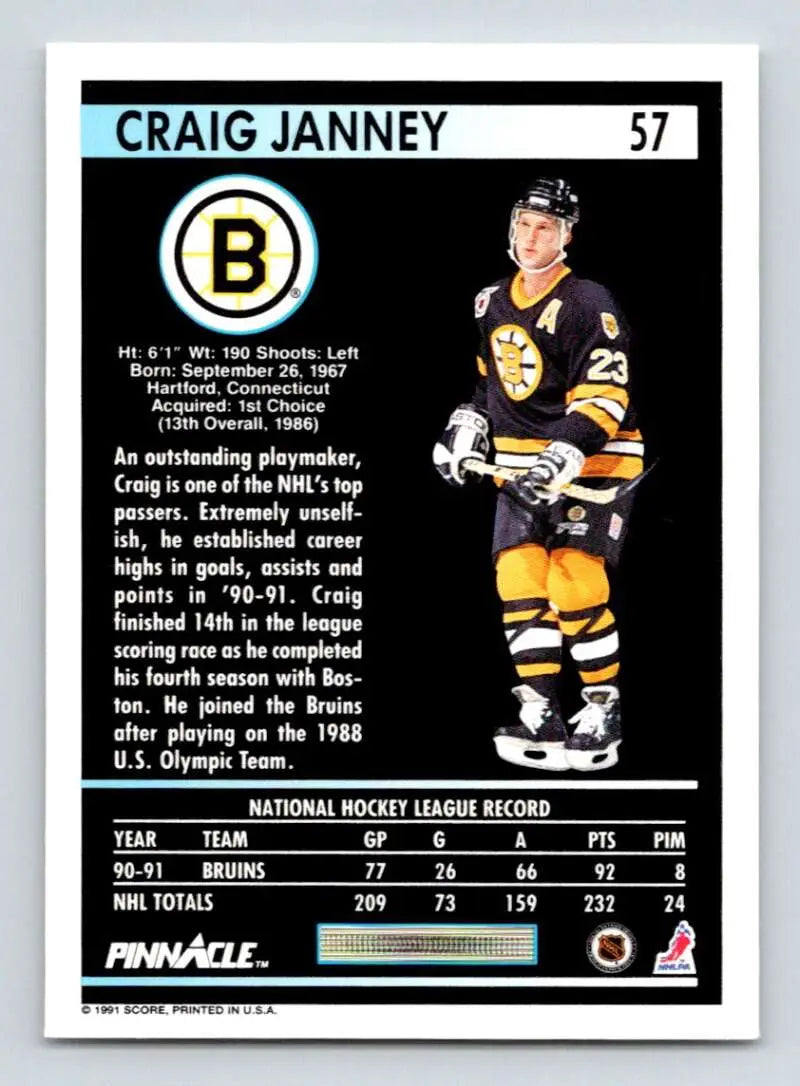 Boston Bruins Hockey Card featuring Craig Janney in black and yellow uniform