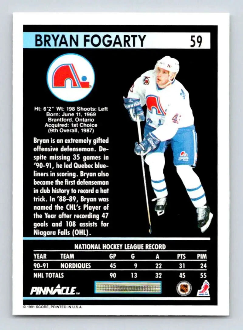 Bryan Fogarty Quebec Nordiques hockey card from 1991-92 Pinnacle in NM-MT condition
