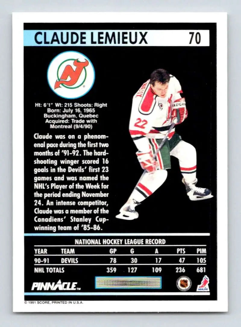 Hockey card of Claude Lemieux from the New Jersey Devils, Pinnacle brand, number 22
