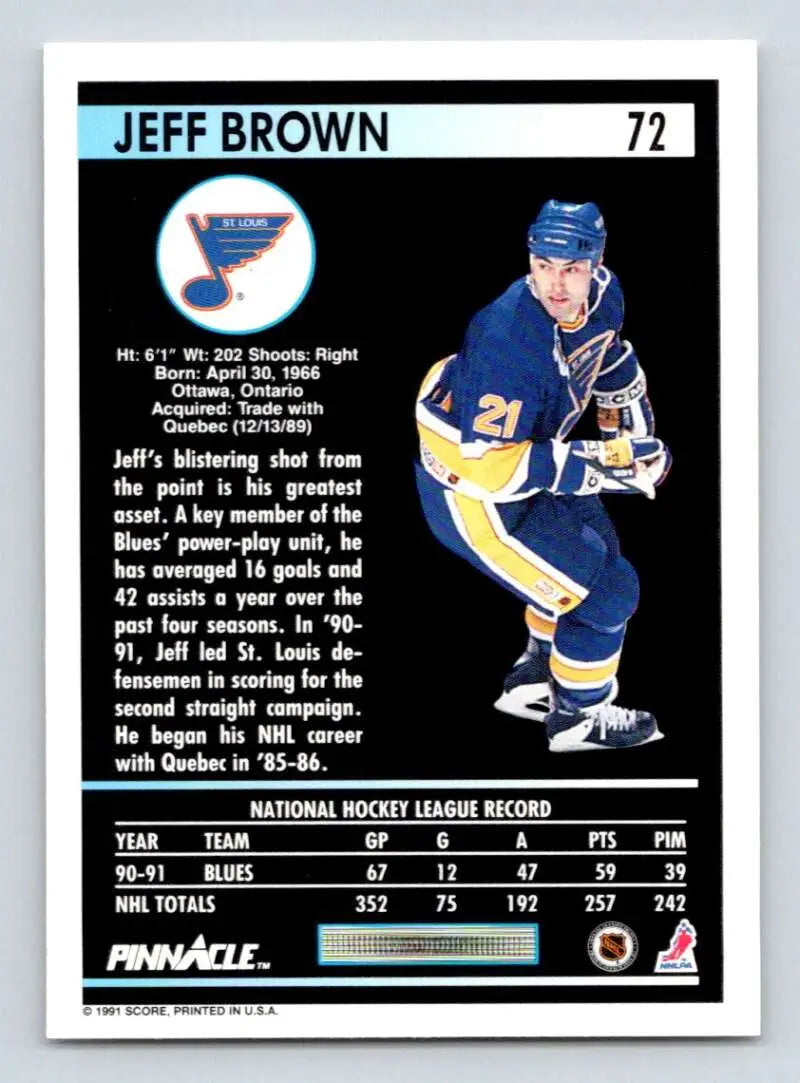 Hockey card of Jeff Brown in blue uniform for St. Louis Blues, 1991-92 Pinnacle #72