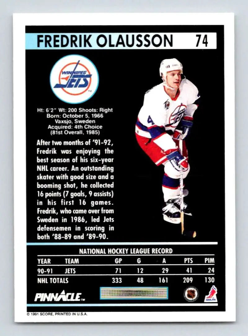 Hockey card of Fredrik Olausson in white uniform for Winnipeg Jets