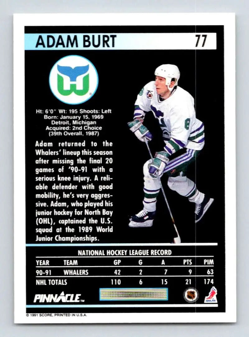 Hockey card of Adam Burt in Hartford Whalers uniform number 77, 1991-92 Pinnacle
