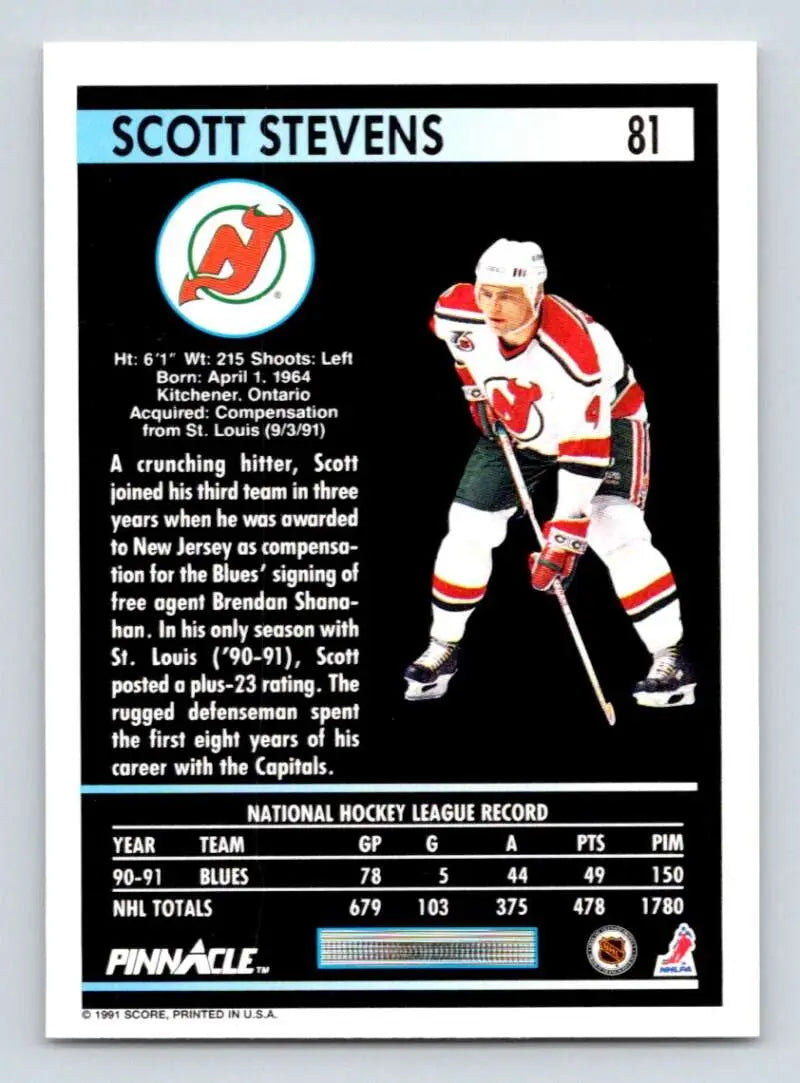 Hockey trading card of Scott Stevens from the Jersey Devils in red and white uniform