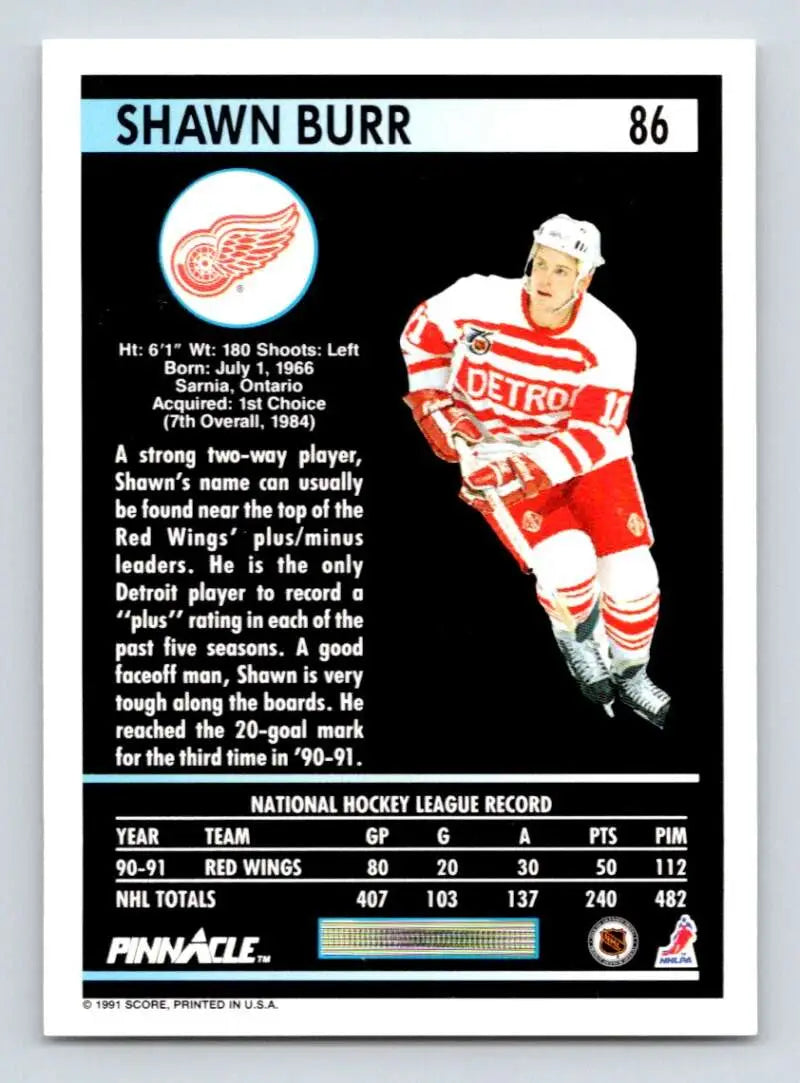 1991-92 Pinnacle #86 Shawn Burr Detroit Red Wings Hockey Card in white and red uniform
