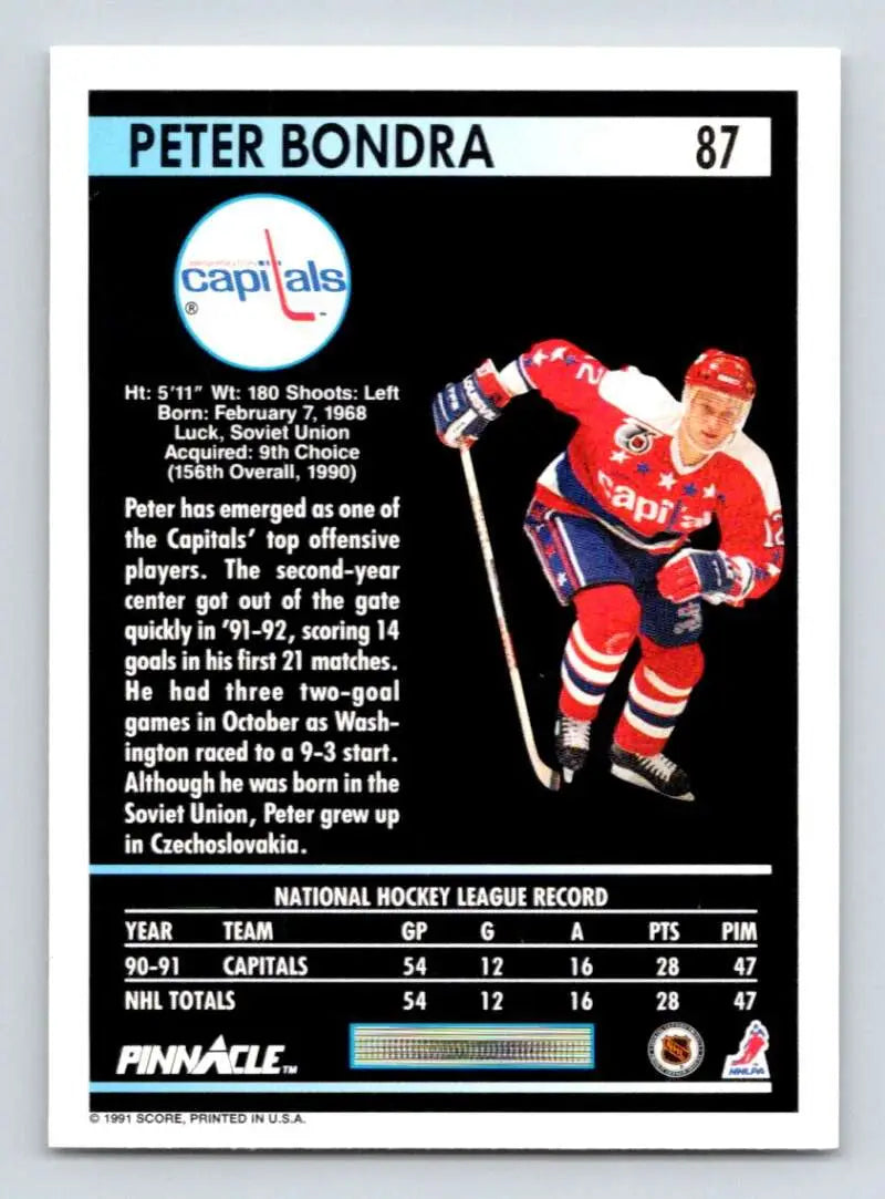 Peter Bondra 1991-92 Pinnacle #87 Washington Capitals Hockey Card on black background