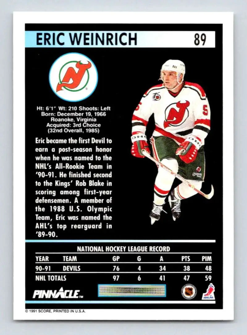 Hockey card of Eric Weinrich in New Jersey Devils white and red uniform