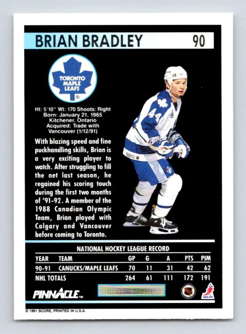 1991-92 Pinnacle #90 Brian Bradley Toronto Maple Leafs Hockey Card in blue and white uniform