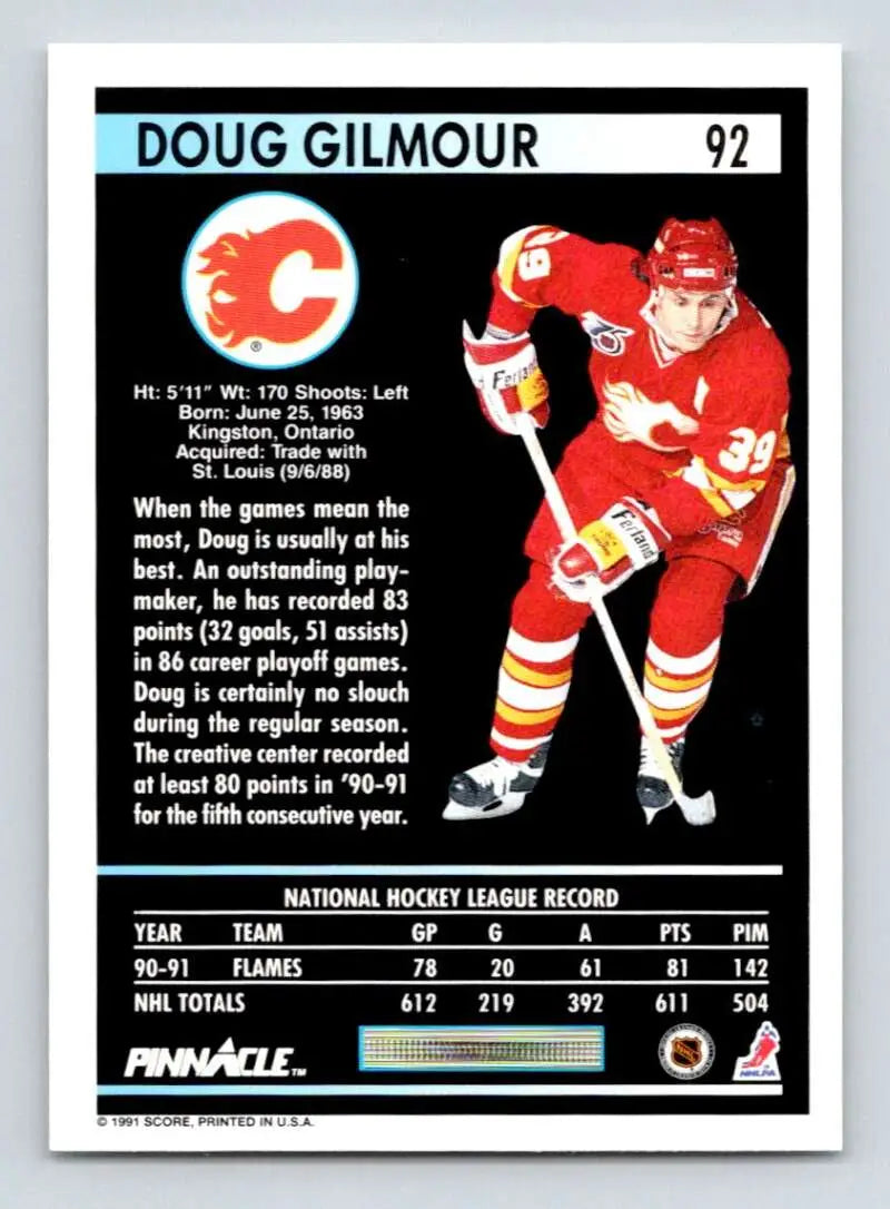 Doug Gilmour Calgary Flames hockey card in red and white uniform #92, 1991-92 Pinnacle