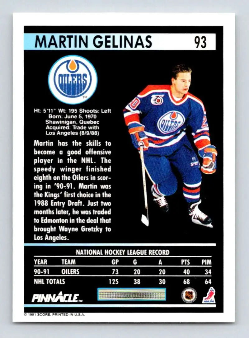 1991-92 Pinnacle #93 Martin Gelinas Hockey Card featuring Edmonton Oilers colors