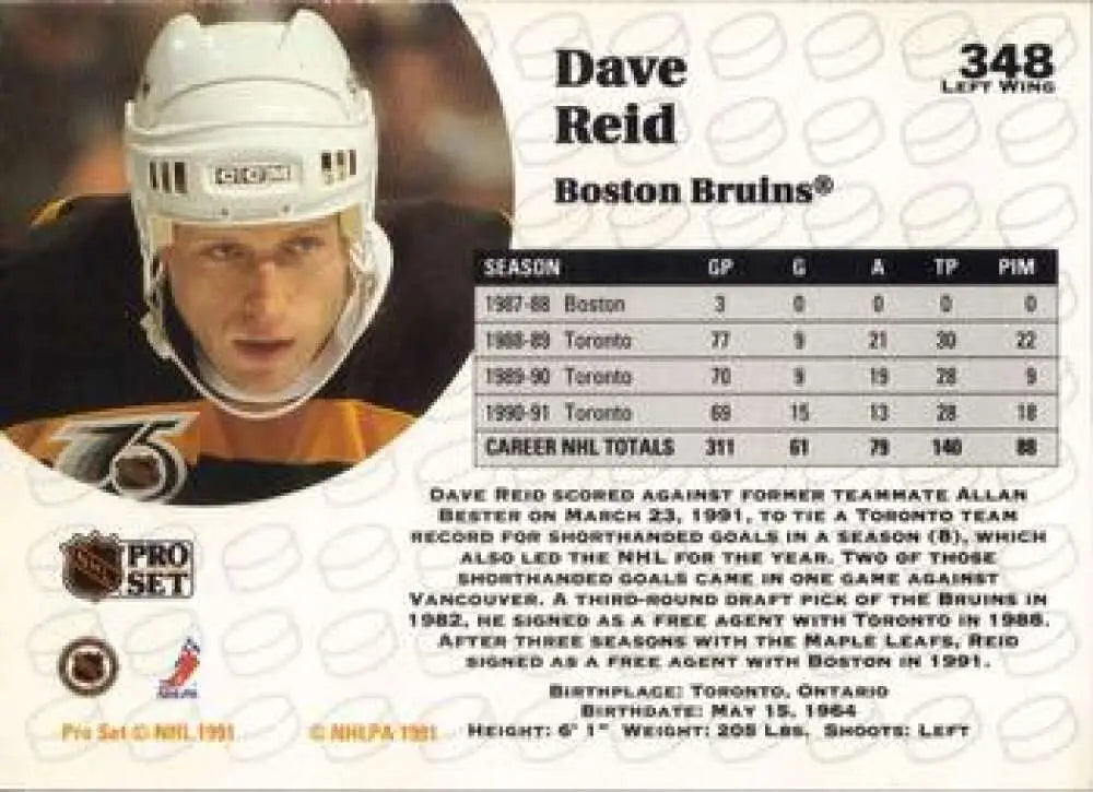 David Reid Boston Bruins hockey card with player statistics and biography details