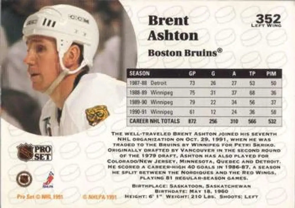 Hockey card featuring Brent Ashton of the Boston Bruins with stats and biography