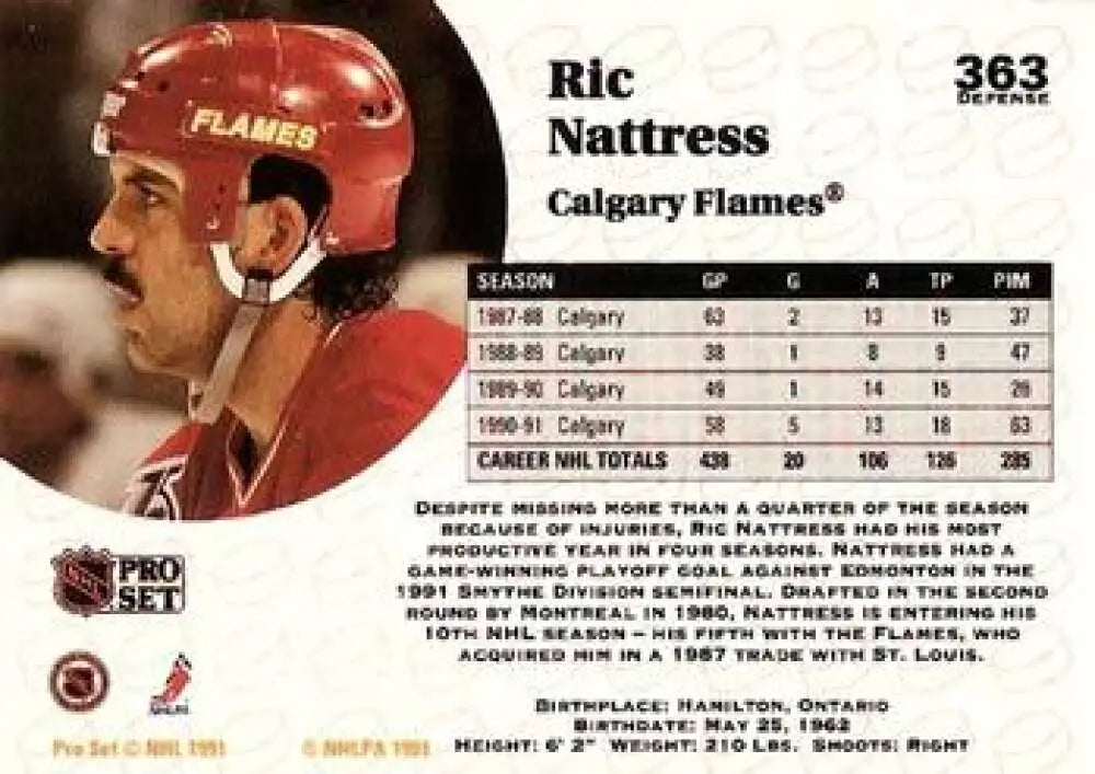 Hockey card of Ric Nattress, Calgary Flames player in red helmet from 1991-92 Pro Set
