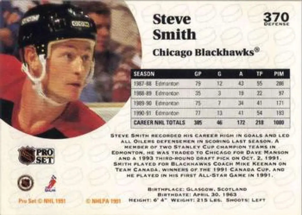 Hockey card of Steve Smith in Chicago Blackhawks uniform from Pro Set 1991-92