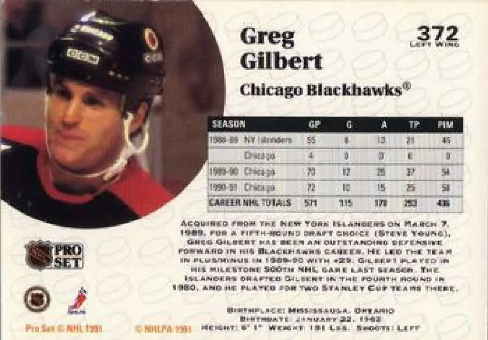 Hockey trading card of Greg Gilbert from the 1991-92 Pro Set featuring Chicago Blackhawks