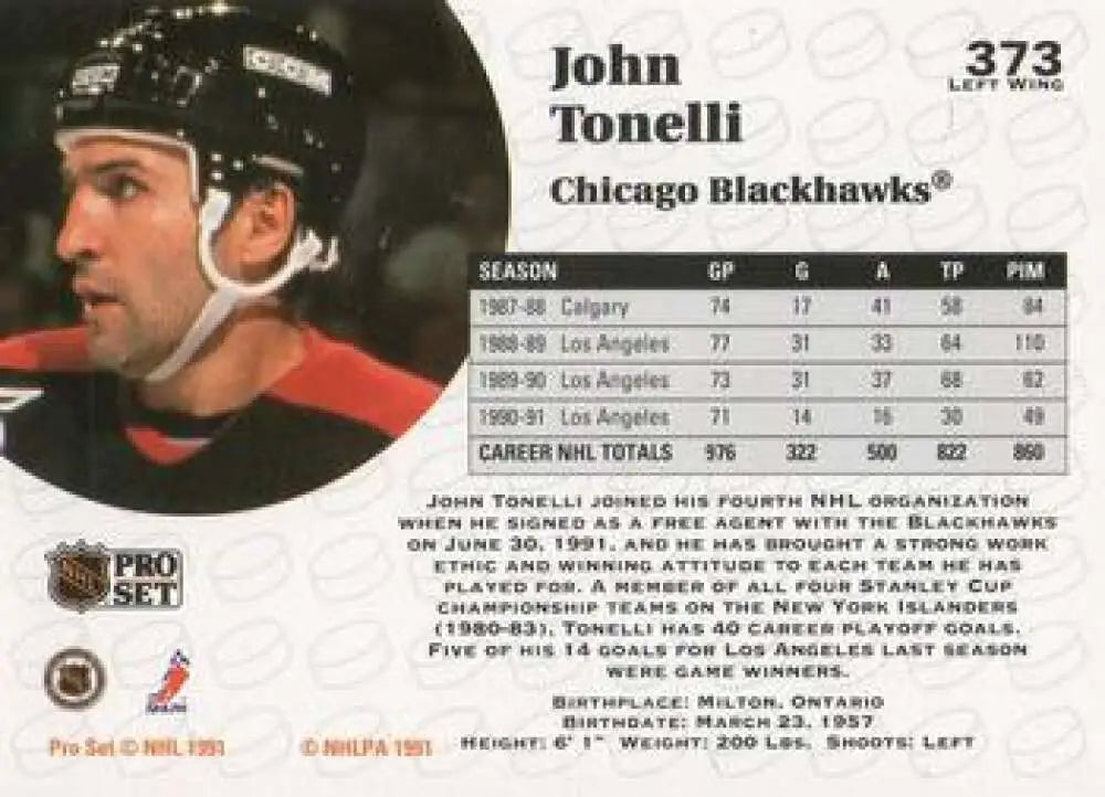 Hockey trading card of John Tonelli in Chicago Blackhawks gear, 1991-92 Pro Set