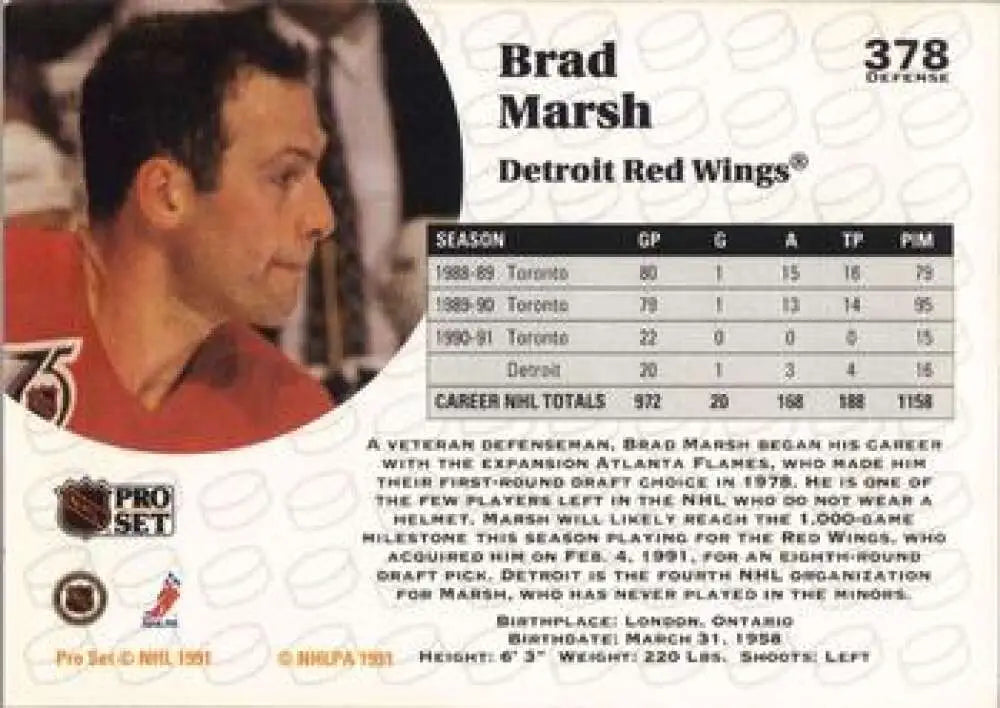 Hockey trading card of Brad Marsh from the Detroit Red Wings 1991-92 Pro Set
