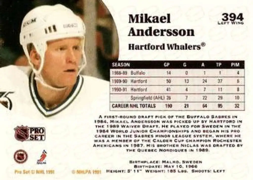 Mikael Andersson Hartford Whalers Hockey Card in white helmet and jersey 1991-92 Pro Set
