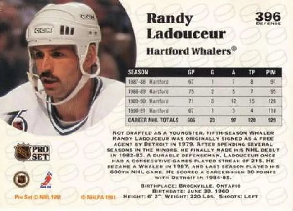 Hockey player trading card of Randy Ladouceur from the Hartford Whalers Pro Set