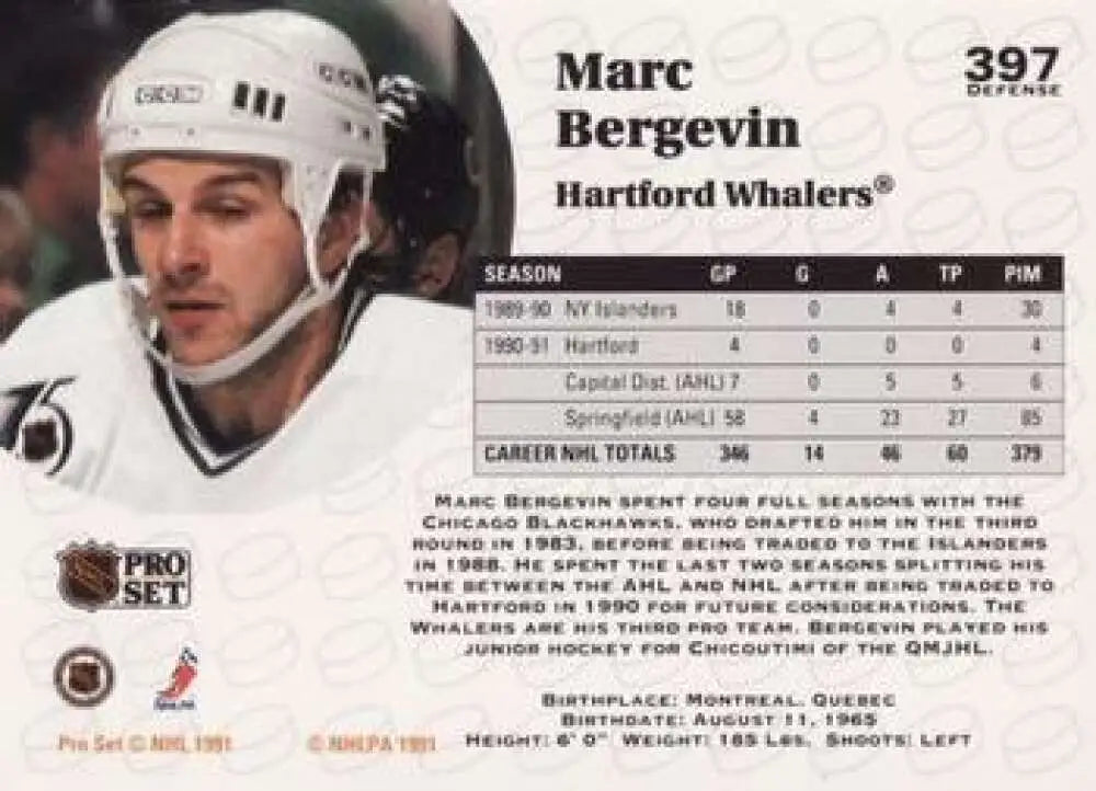 Hockey trading card of Marc Bergevin from the Hartford Whalers Pro Set collection