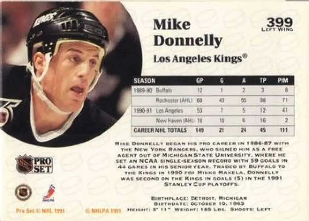 Hockey trading card of Mike Donnelly in Kings jersey from 1991-92 Pro Set
