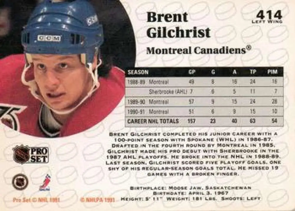 Brent Gilchrist Montreal Canadiens hockey card in red jersey and blue helmet