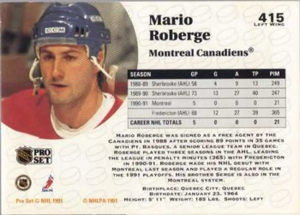Hockey card of Mario Roberge wearing a blue helmet for Montreal Canadiens