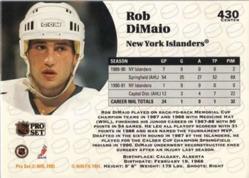 Hockey trading card of Rob DiMaio in a New York Islanders Pro Set design