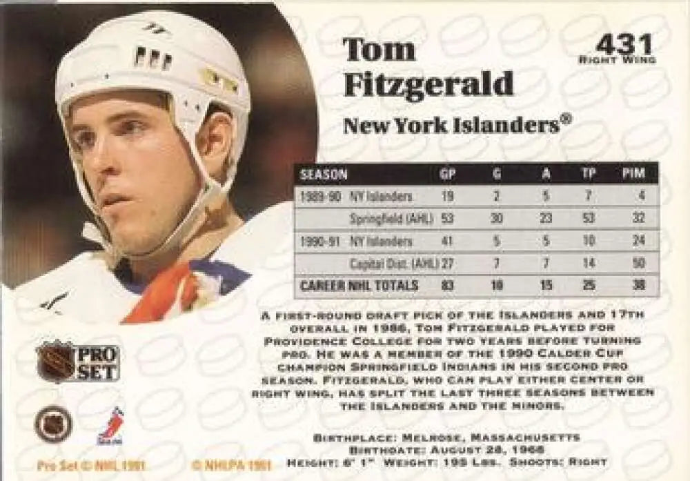 Hockey card of Tom Fitzgerald from the New York Islanders in a white helmet