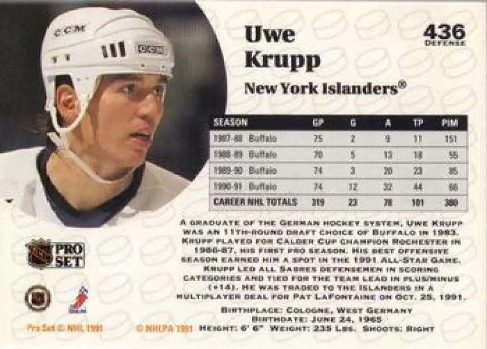 Hockey card of Uwe Krupp from the New York Islanders with a white helmet