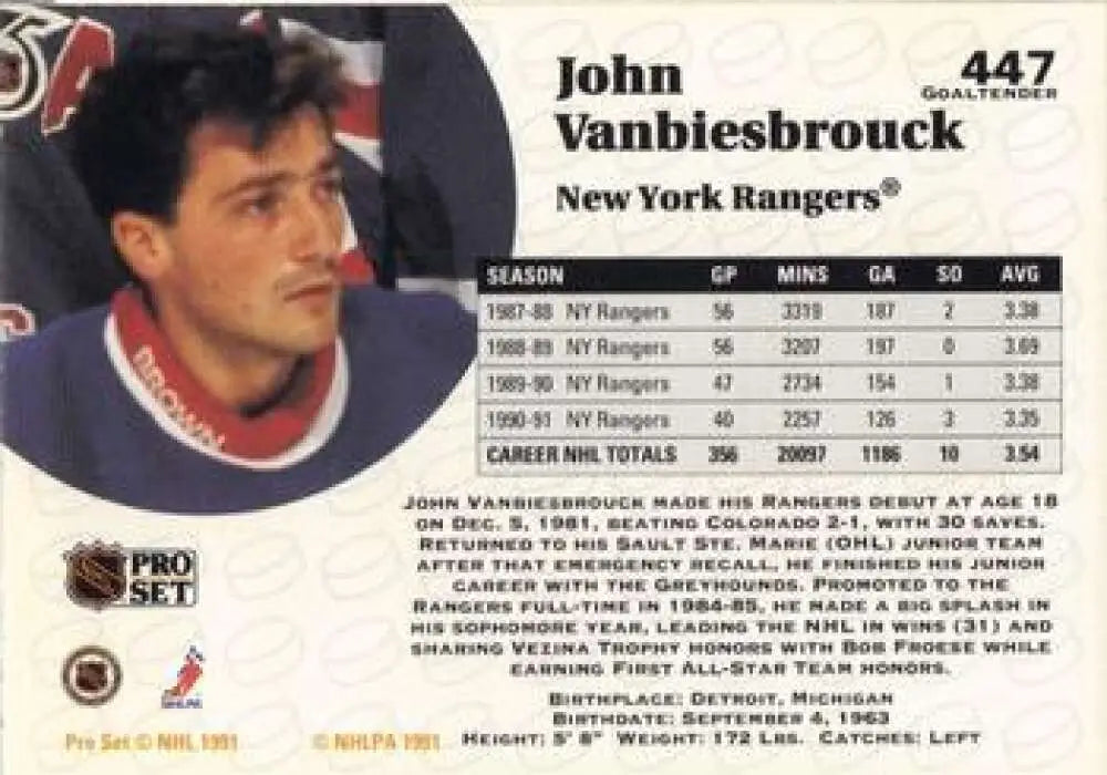 Hockey card featuring John Vanbiesbrouck in New York Rangers red and blue uniform