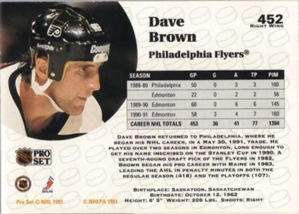 Philadelphia Flyers Dave Brown hockey card with black helmet, 1991-92 Pro Set #452
