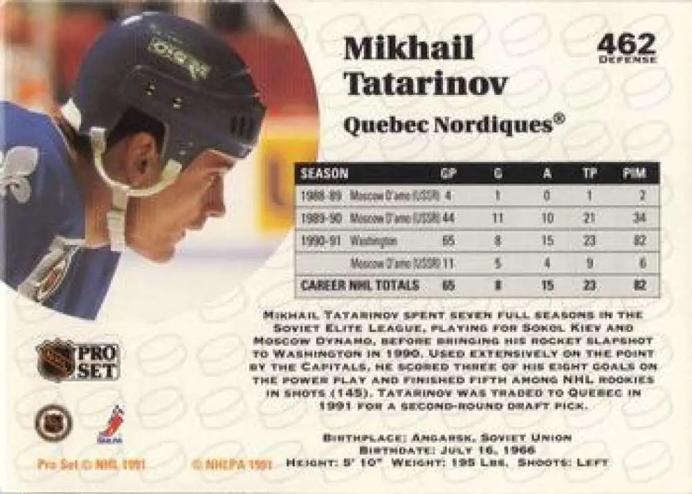 Hockey card of Mikhail Tatarinov in helmet for Quebec Nordiques 1991-92 Pro Set