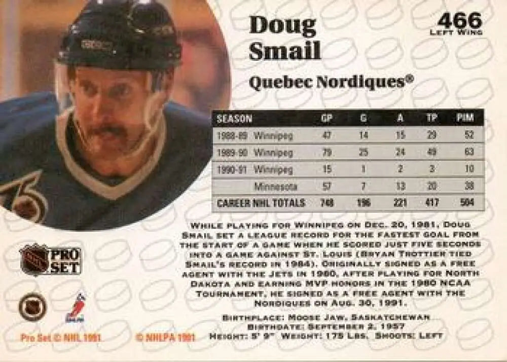 Hockey card of Doug Smail from the Quebec Nordiques in a black helmet