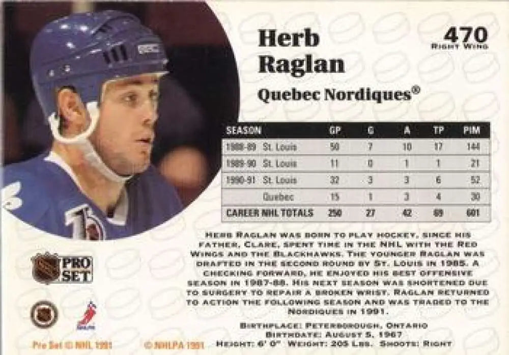 1991-92 Pro Set Herb Raglan Quebec Nordiques Hockey Card with blue helmet