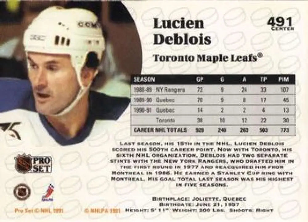 Hockey trading card of Lucien DeBlois for the Toronto Maple Leafs with stats and bio