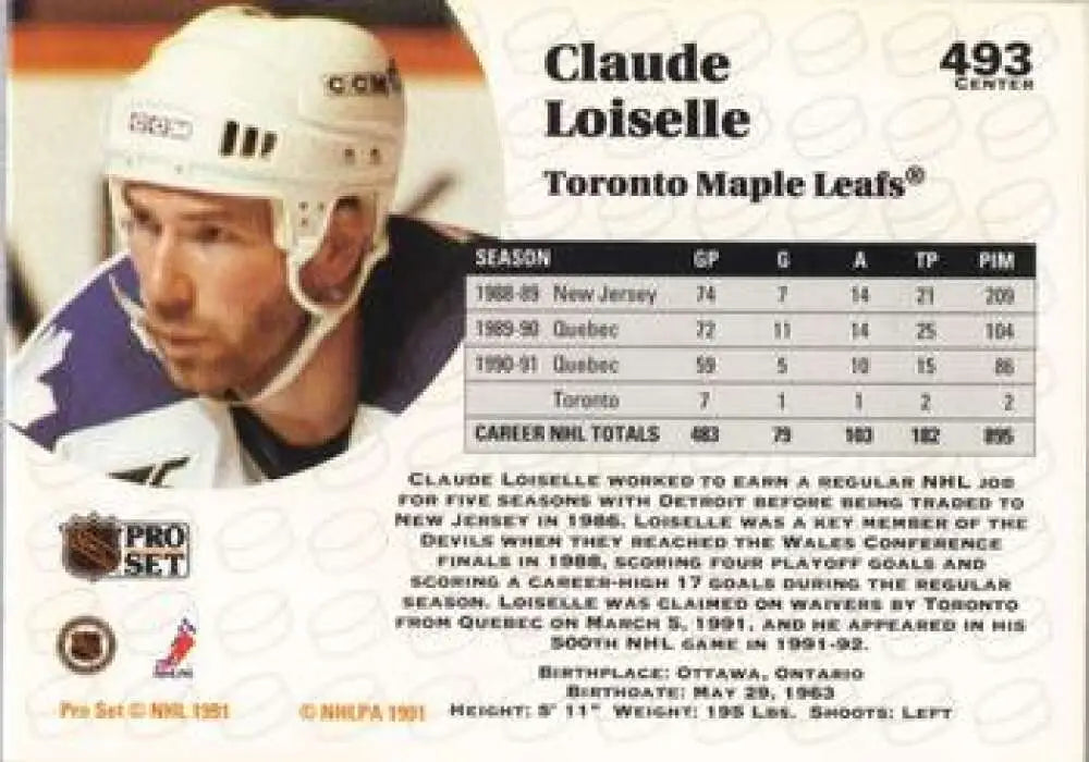 Hockey trading card of Claude Loiselle from the Toronto Maple Leafs 1991-92 season