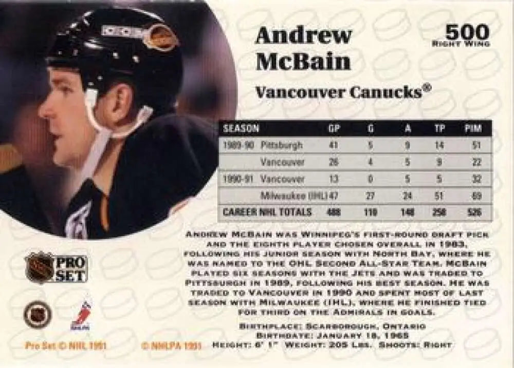 Hockey trading card of Andrew McBain from Pro Set featuring Vancouver Canucks stats