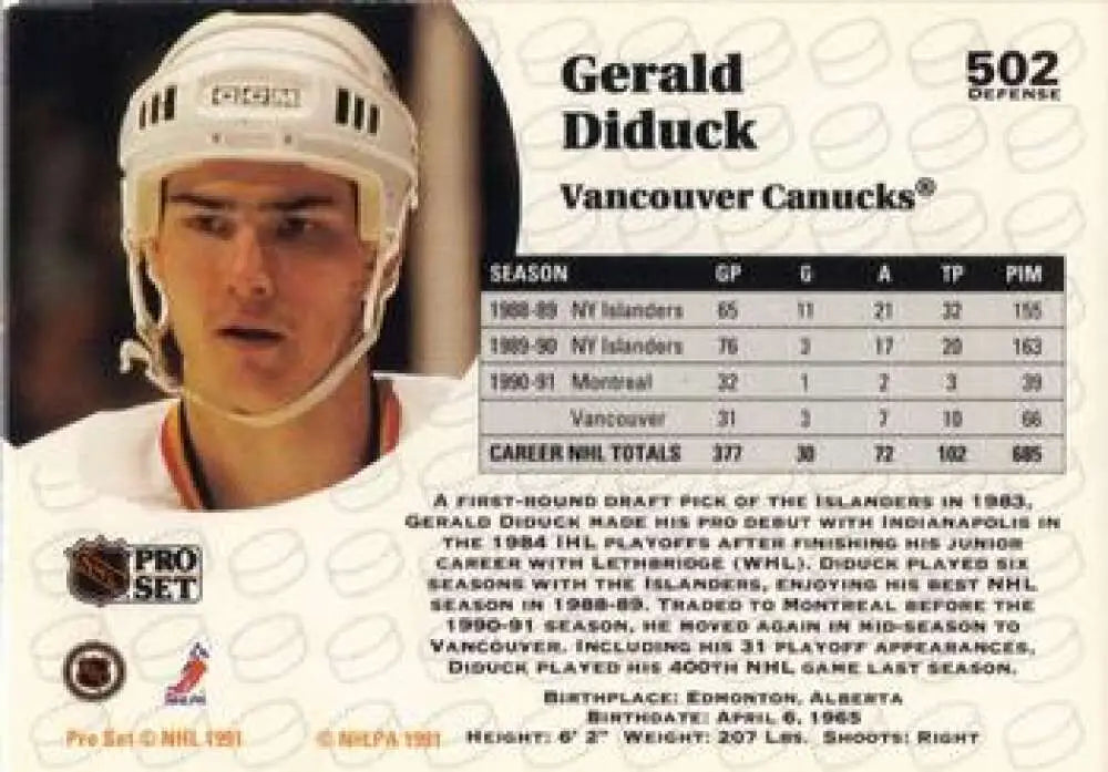 Gerald Diduck 1991-92 Pro Set #502 Vancouver Canucks Hockey Card with white helmet