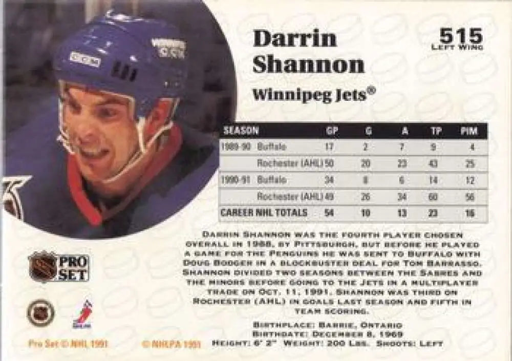 Hockey card of Darrin Shannon in blue helmet and jersey for Winnipeg Jets collectors
