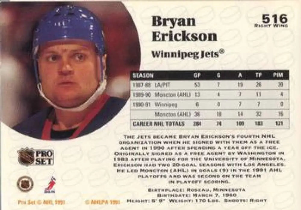 Hockey card of Bryan Erickson from the Winnipeg Jets in a blue helmet