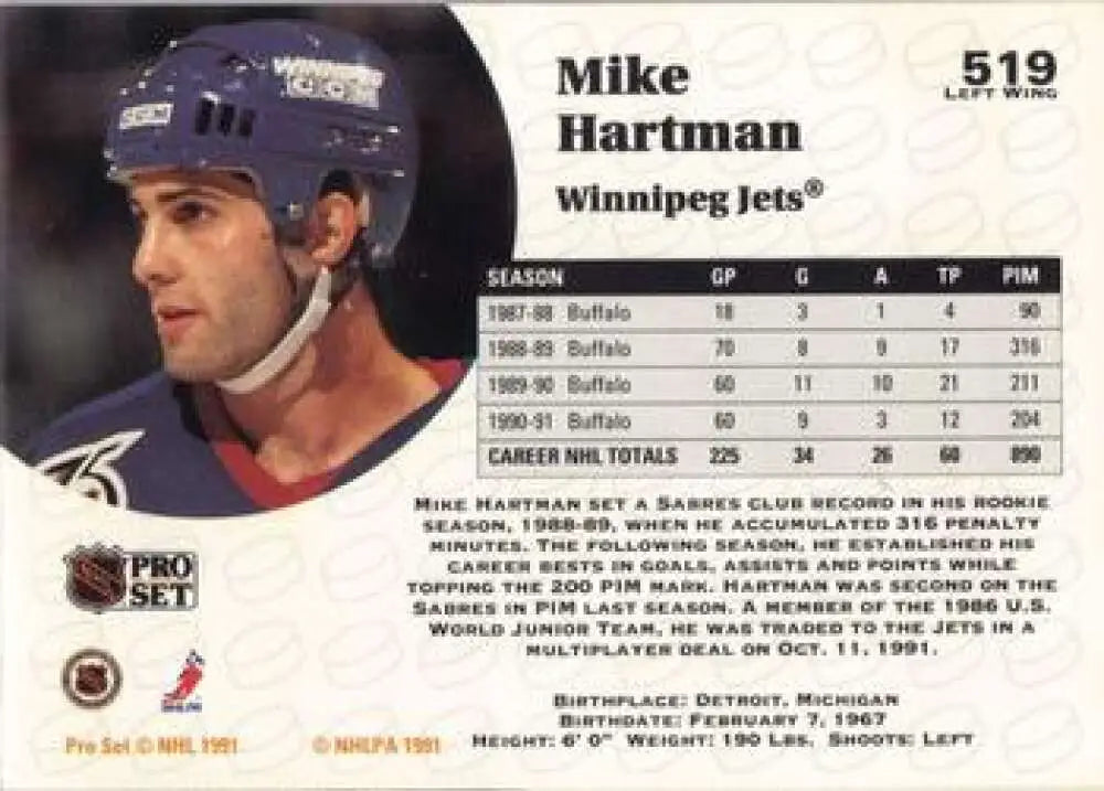Hockey trading card of Mike Hartman with Winnipeg Jets and blue helmet Pro Set design