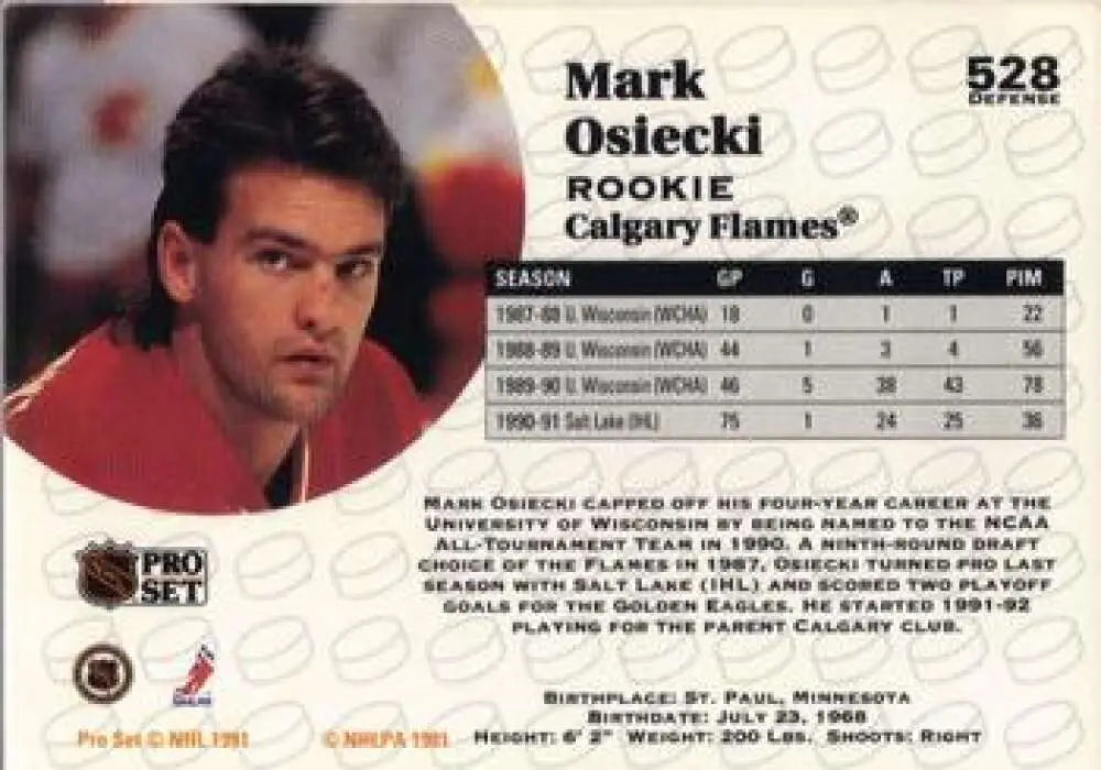 1991-92 Pro Set #528 Mark Osiecki Calgary Flames Hockey Card in red jersey