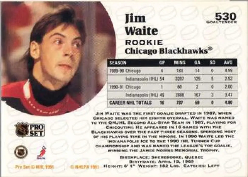 Hockey card of Jim Waite in a red Chicago Blackhawks jersey from Pro Set 1991-92
