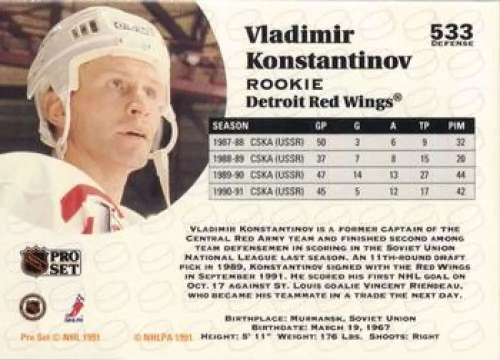 Detroit Red Wings Vladimir Konstantinov Pro Set rookie hockey card in white jersey