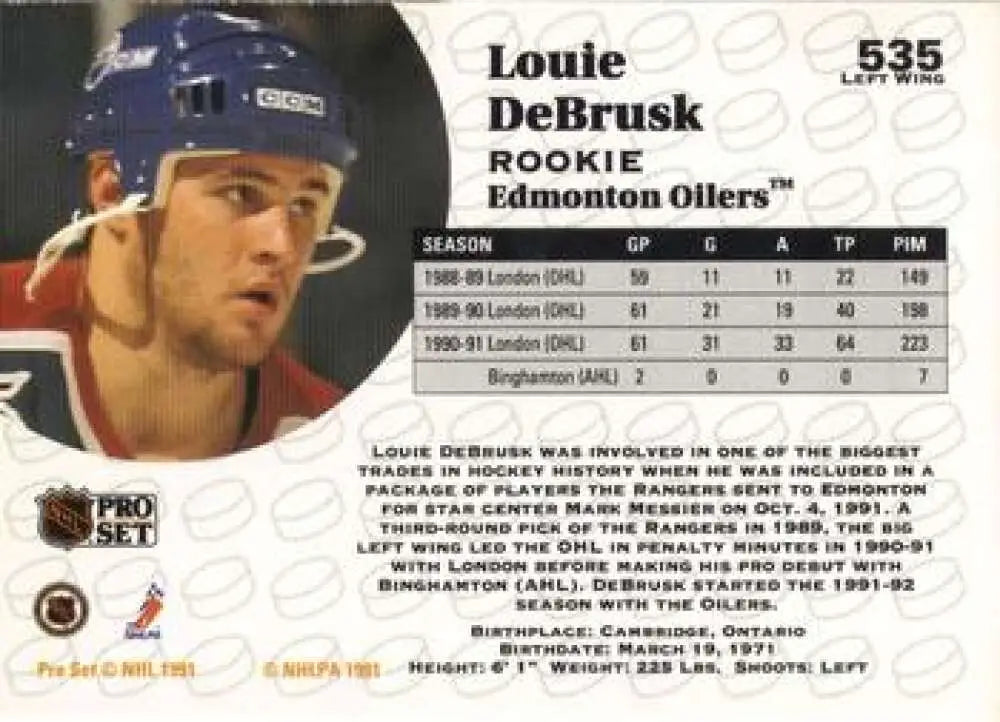 1991-92 Pro Set #535 Louie DeBrusk NM-MT RC Rookie Edmonton Oilers Hockey Card - Hockey Card