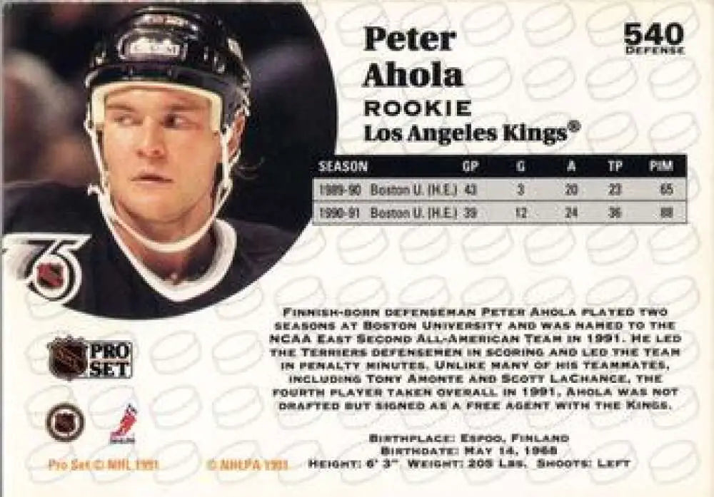 Hockey card of Los Angeles Kings player Peter Ahola in black jersey and helmet