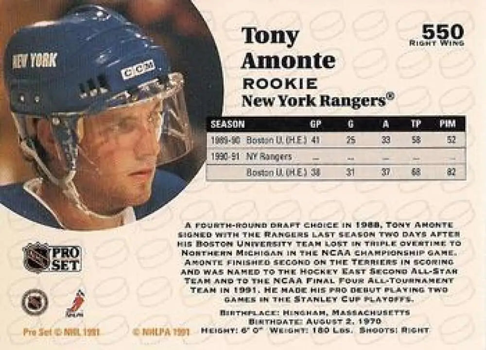 Tony Amonte 1991-92 Pro Set New York Rangers hockey card with blue helmet and face shield