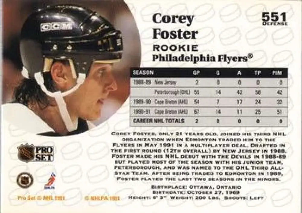 Hockey card of Corey Foster, Philadelphia Flyers player from 1991-92 season