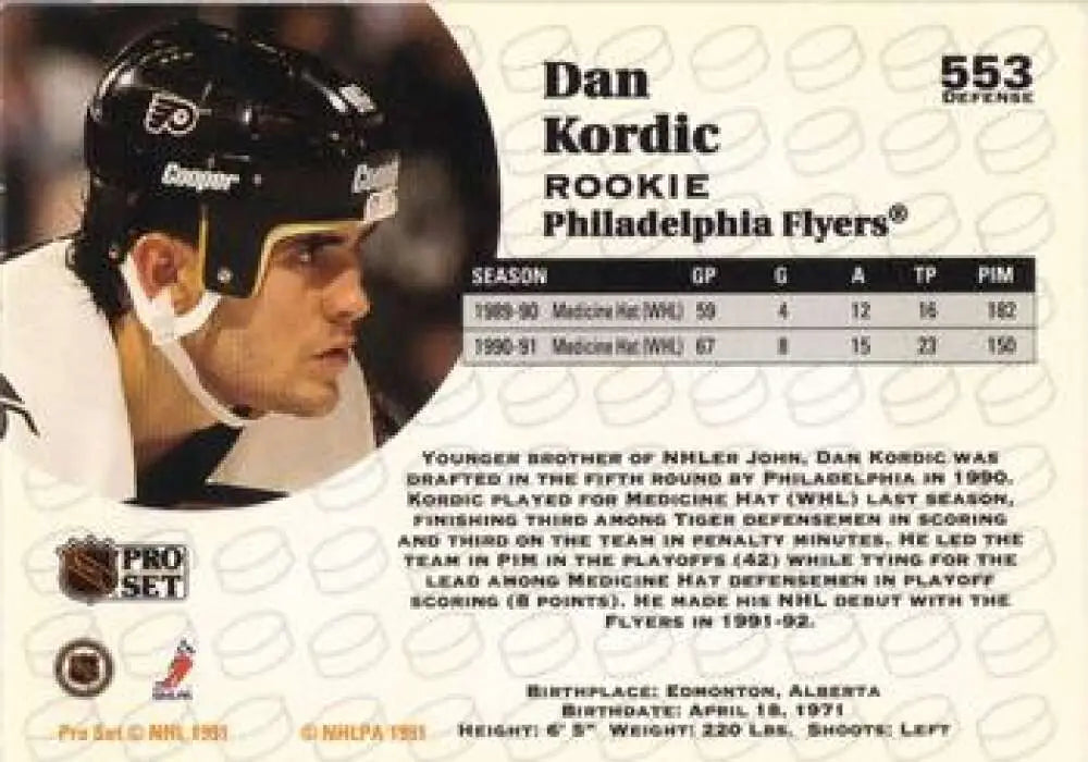 Dan Kordic profile in black Philadelphia Flyers helmet on 1991-92 hockey card