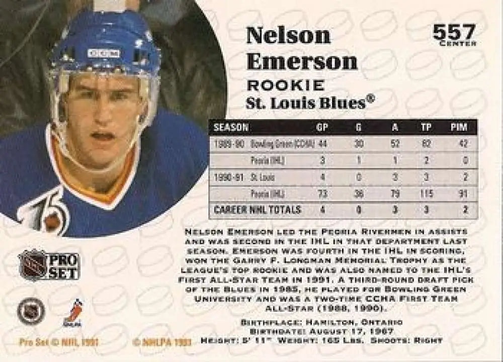 Hockey card of Nelson Emerson in blue jersey for St. Louis Blues rookie collection